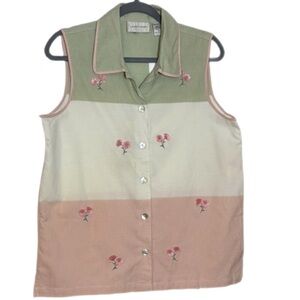 LEMON GRASS Linen Sleeveless Button Up‎ Shirt Embroidery Accents NWT Size Medium